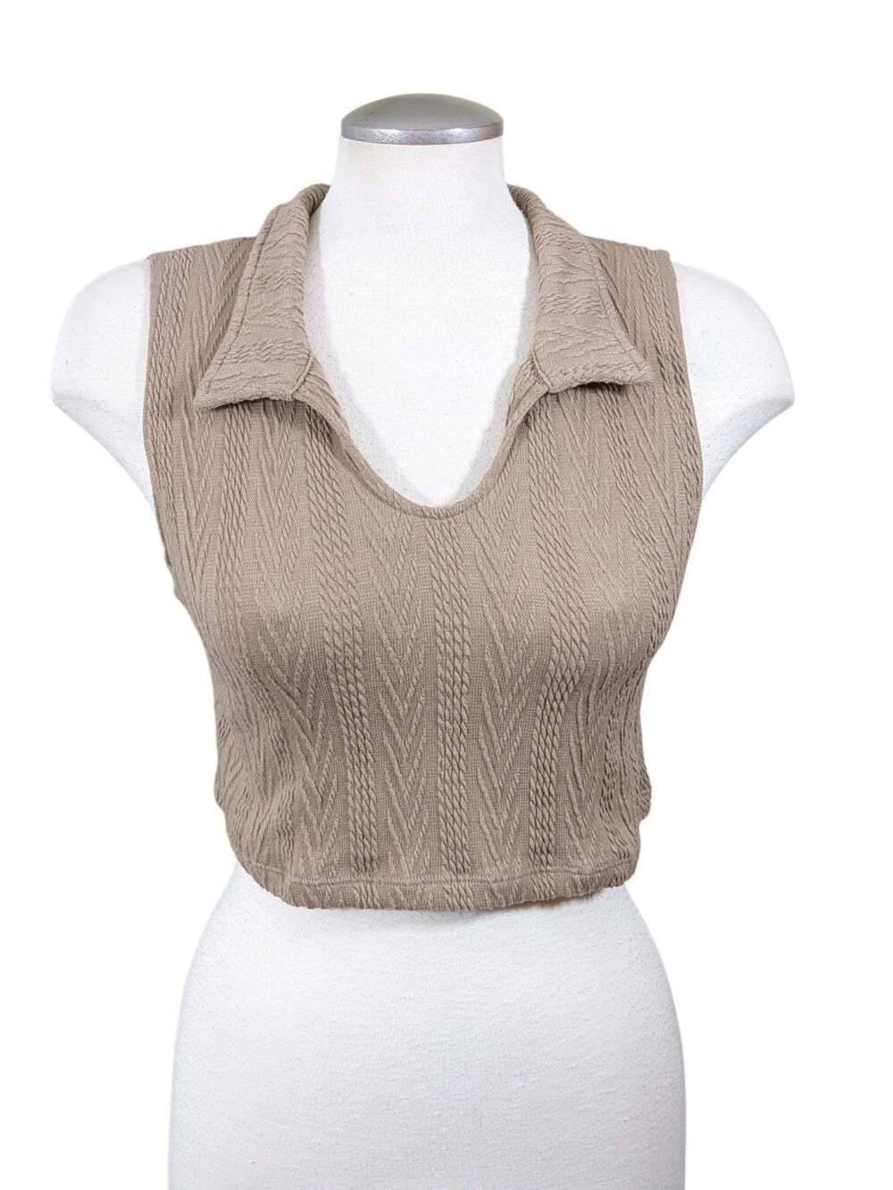 Youth Girls Large Textured Cropped Sweater Top Brown Collared Sleeveless